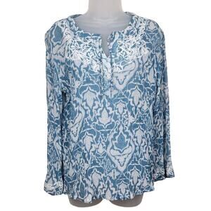 🌼Chico's Blouse Womens Size 1 US M/8 Blue White Silk Embroidery Trim Sheer